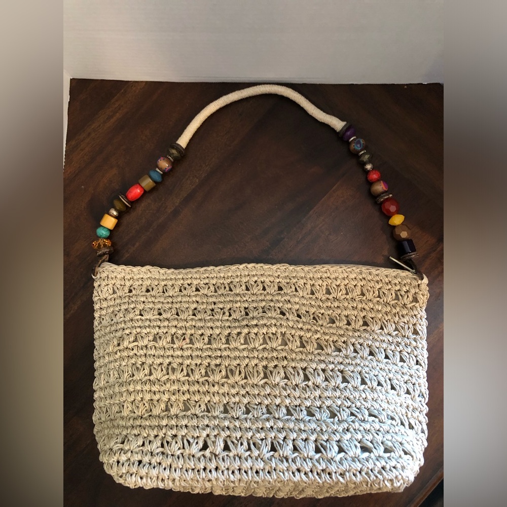 Cappelli Straworld Beige straw Bag with Multicolor Beaded Strap
